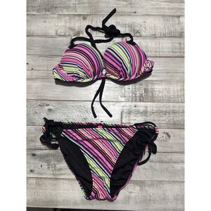 Victorias Secret Bikini Set 34A/M Neon Multi Color Striped PushUp Halter 2 Piece